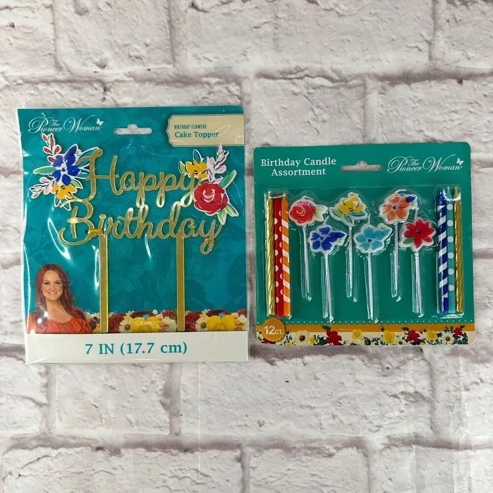 Pioneer Woman Happy Birthday Multicolor Floral Cake Topper Candle Set Colorful